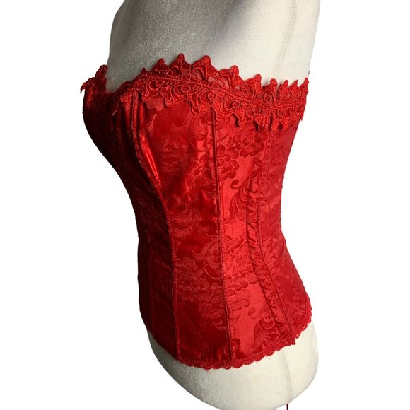 Fredericks Hollywood Dream Sweetheart Corset 32 Red Jacquard Lace Hook Closure - Picture 7 of 9